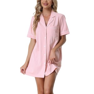 cheibear Women's Notched Collar Button Down Pajama Shirt Dress with Pocket - 1 of 4