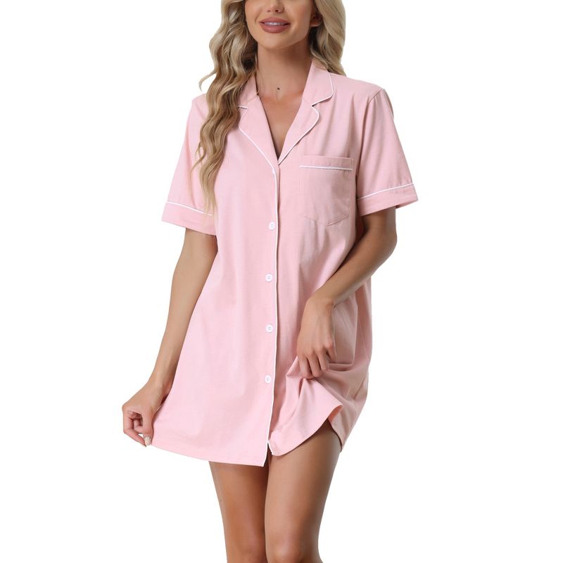 cheibear Women's Notched Collar Button Down Pajama Shirt Dress, 1 of 6
