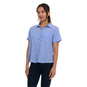 Super Triple Goose Women’s Short Sleeve Linen Shirt – Lightweight Button-Up Collared Blouse with Front Pockets - 1 of 4