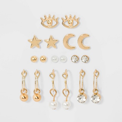 Star Evil Eye Cresent Moon and Hoop Multi Stud Earring Set 9pc - Wild Fable™