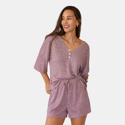 Women's Purple Ribbed Knit V-Neck Tee & Shorts Pajama Set - Cupshe
