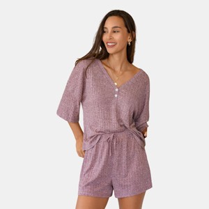 Women's Purple Ribbed Knit V-Neck Tee & Shorts Pajama Set - Cupshe - 1 of 4