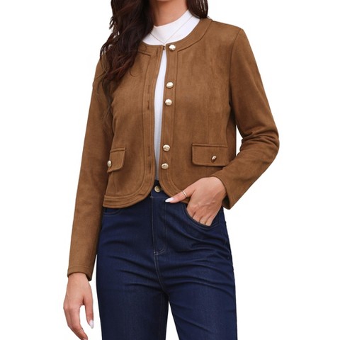 INSPIRE CHIC Women's Crew Neck Long Sleeves Button Down Vintage Jackets Brown Medium