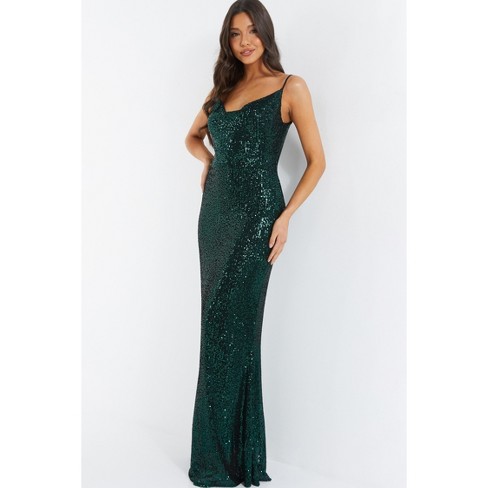 Cowl Neck Allover Sequin Dress with Slit