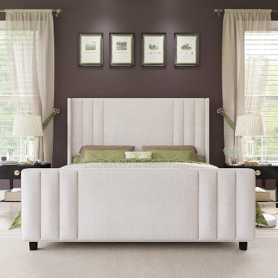 AMERLIFE Velvet Upholstered Platform Bed with Vertical Channel Tufted Headboard/Wingback