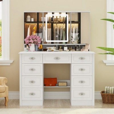 FUFU&GAGA Elegant Makeup Vanity Table with Adjustable Mirror Large Desk