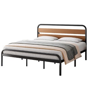 King Size Platform Bed Frame, Industrial Style King Size Bed Frame with Wooden Headboard, Heavy Duty Metal Bed Frame with Metal Slat Supports - 1 of 4