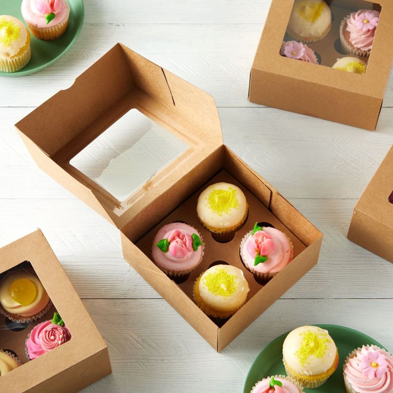 Juvale 24 Pack Cupcake Containers with Windows, 6x6 Boxes with 4 Count Inserts for Muffins (Kraft Paper), 2 of 10
