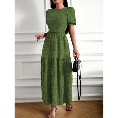 Women's Summer Crew Neck Short Sleeve Smocked Midi Dress Casual Elastic Waist Tiered A Line Flowy Maxi Dress