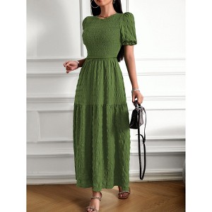 Women's Summer Crew Neck Short Sleeve Smocked Midi Dress Casual Elastic Waist Tiered A Line Flowy Maxi Dress - 1 of 4