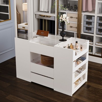 Famapy 3-in-1 Wardrobe Hub,Storage Island,Multi-Drawer Dresser Organizer for Closets,Tempered Glass Top,White