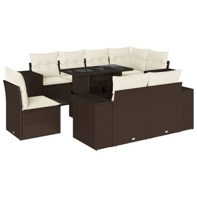 vidaXL 9 Piece Patio Sofa Set with Cushions Brown and Cream Poly Rattan - Without Storage