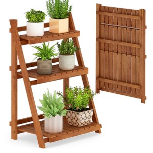 Tangkula 3-Tier Wood Plant Stand Folding Flower Rack w/Ladder Design Anti-falling Bars - 1 of 4