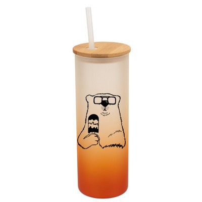 Elanze Designs Ice Cream Polar Bear With Sunglasses Orange Frosted Gradient Glass Tumbler with Bamboo Lid & Straw 25 ounce Reusable Iced Coffee or