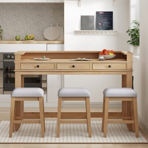 4-Piece Dining Set Rectangle With 3 Upholstered Stools, Dining Set Contemporary, Multifunctional Dining Table With 3 Drawers-Cuddlewood - 1 of 4
