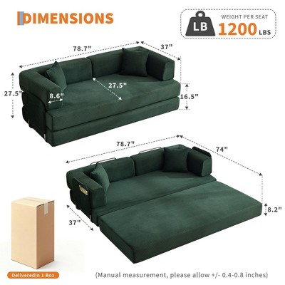 Dimensions and layout of the sofa bed with labeled measurements