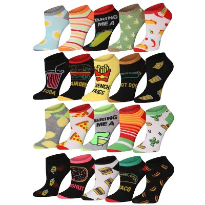 Tipi Toe Women's 20 Pairs Colorful Fruits Food Striped Patterned Low Cut/No Show Socks