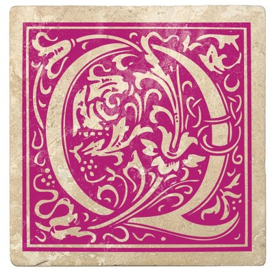 Christmas by Krebs 4pc Ivory and Tutti Frutti Pink Alphabet "Q" Square Monogram Coasters 4"