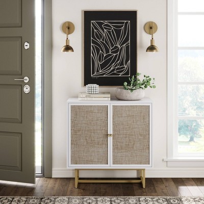 White and Cane Rattan Accent Cabinet with Adjustable Shelving