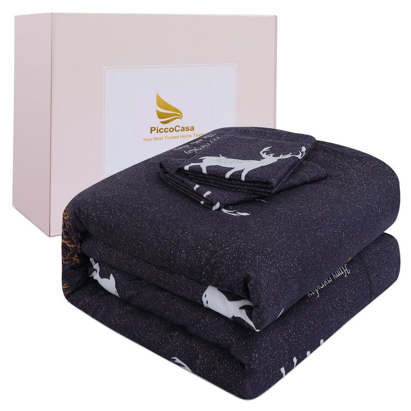 PiccoCasa Comforter Sets Duvet Bed Sets Elk Tree Pattern Comforter with 2 Pillow Shams 3pcs, 5 of 6