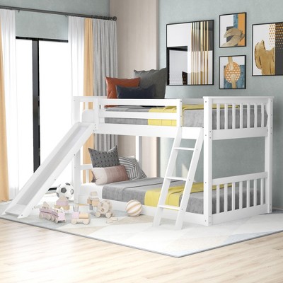 Twin Over Twin Wood Bunk Bed With Convertible Slide And Ladder, White ...