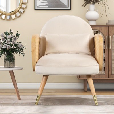GustoWave Rattan Armrest Accent Rattan Chair, Dining Chairs Foam Upholstered Back Rest Seat with Metal Legs, Mid Century Armchair