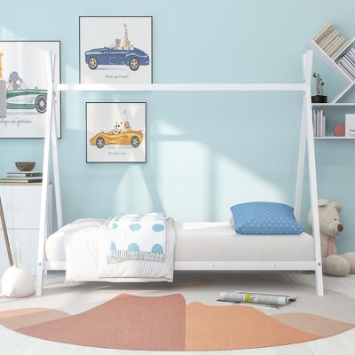 CAVINAS Tent-Shaped Bed Twin Size Modern Metal Bed Frame with Steel Slats and Triangle Bracket for Bedroom