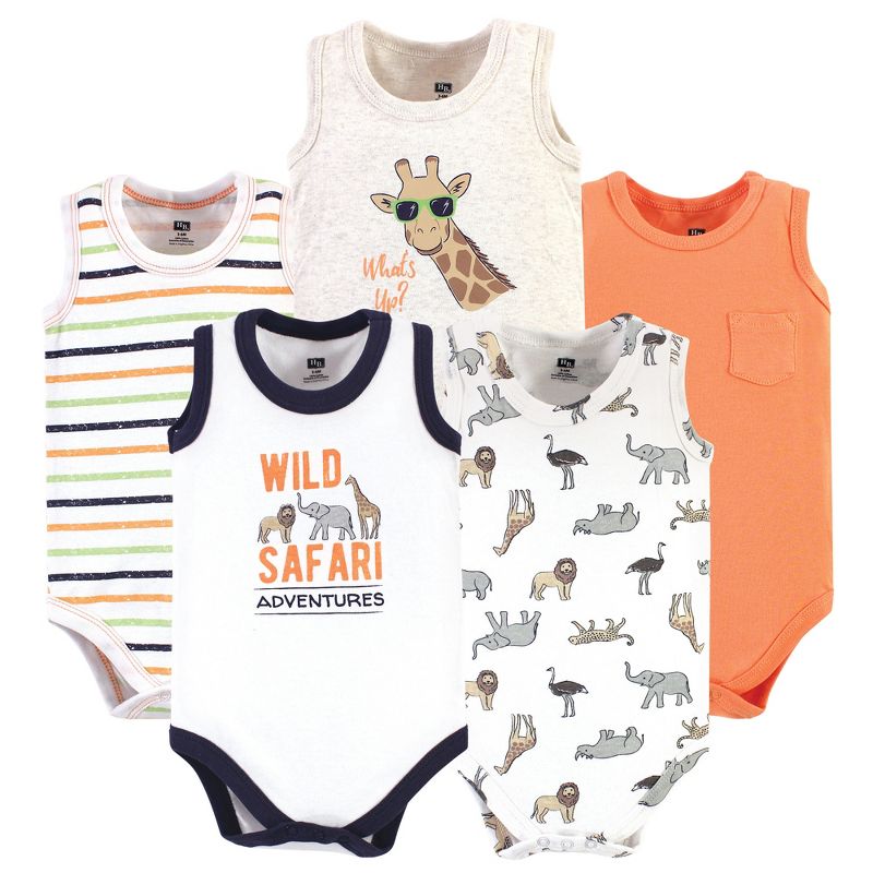 Hudson Baby Infant Boy Cotton Sleeveless Bodysuits 5pk, Wild Safari, 1 of 8