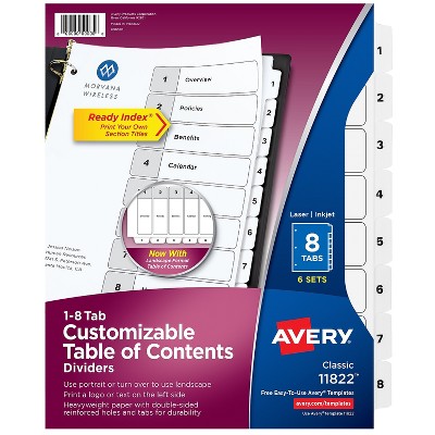 Avery Pre-Printed 8-Tab Numeric Dividers Customizable 11822