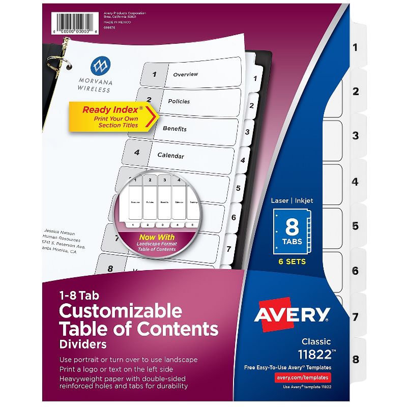 Avery Pre-Printed 8-Tab Numeric Dividers Customizable 11822, 1 of 8