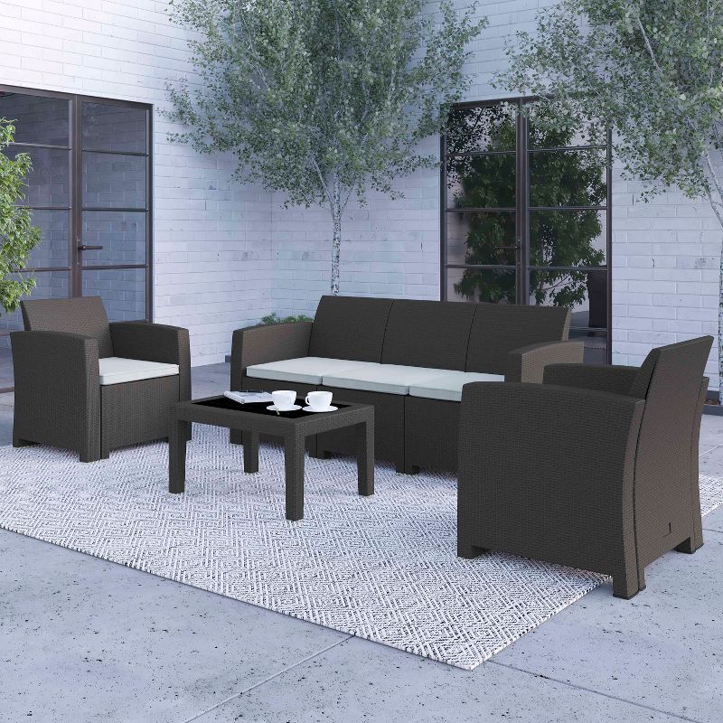 Merrick Lane 4 Piece Faux Rattan Patio Furniture Set with 2 Chairs and Sofa with Removable Beige Cushions and Table, 3 of 5