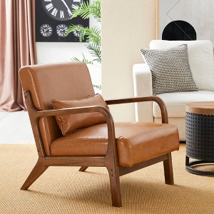 Mid-Century Modern Leatherette Arm Accent Chair Walnut Rubberwood Frame - Glitzhome - 1 of 4