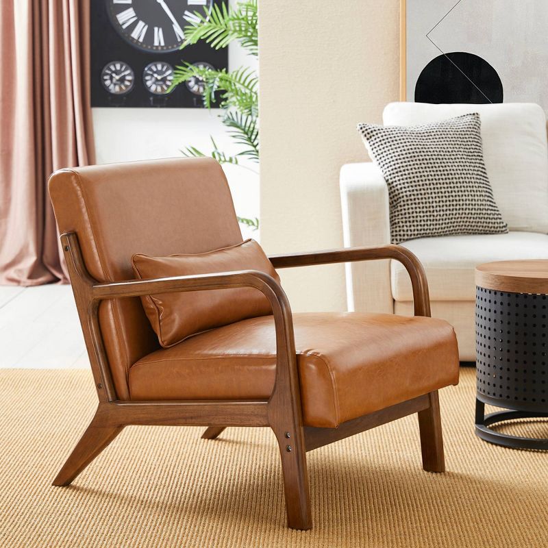 Mid-Century Modern Leatherette Arm Accent Chair Walnut Rubberwood Frame - Glitzhome, 2 of 10