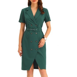Allegra K Women's Short Sleeve Notched Lapel Slit Double Breasted Belted Work Blazer Dress - 1 of 4