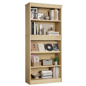 71" Farmhouse Bookcase w/Display Rack & Fluted Design, 5 Tier Tall Bookshelf with Wooden Base - 1 of 4