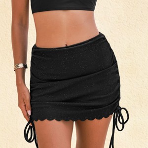 Women's Black Shimmering Soft Waves Ruched Swim Skirt - Cupshe - 1 of 3