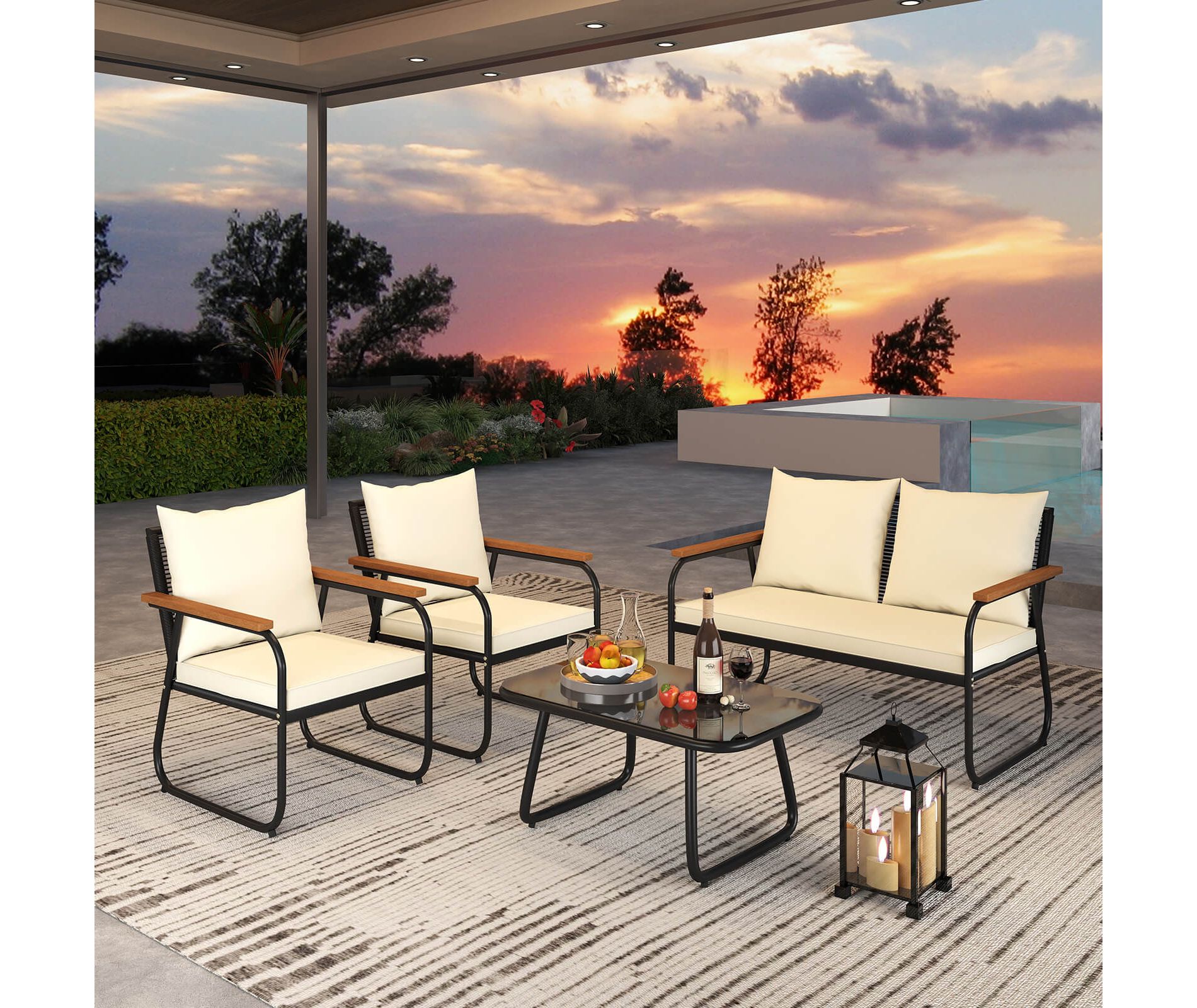 Costway 4 PCS Patio Furniture Set with Tempered Glass Coffee Table PE Wicker Rattan Chairs