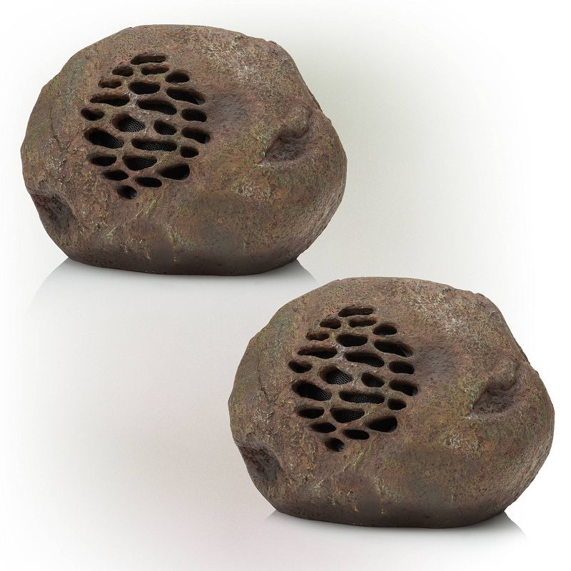 Set of 2 Outdoor Waterproof Bluetooth Solar Wireless Resin Rock Speakers Brown - Alpine Corporation, 1 of 9