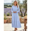 Women Casual Long Sleeve V Neck Elastic Waist Lightweight Maxi Wedding Guest Dress Pockets - 3 of 4
