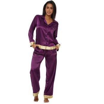 ADR Women's Satin Pajamas Set, Button Down Long Sleeve Top and Matching  Pants with Pockets, Silk like PJs Burgundy with Black Piping 2X