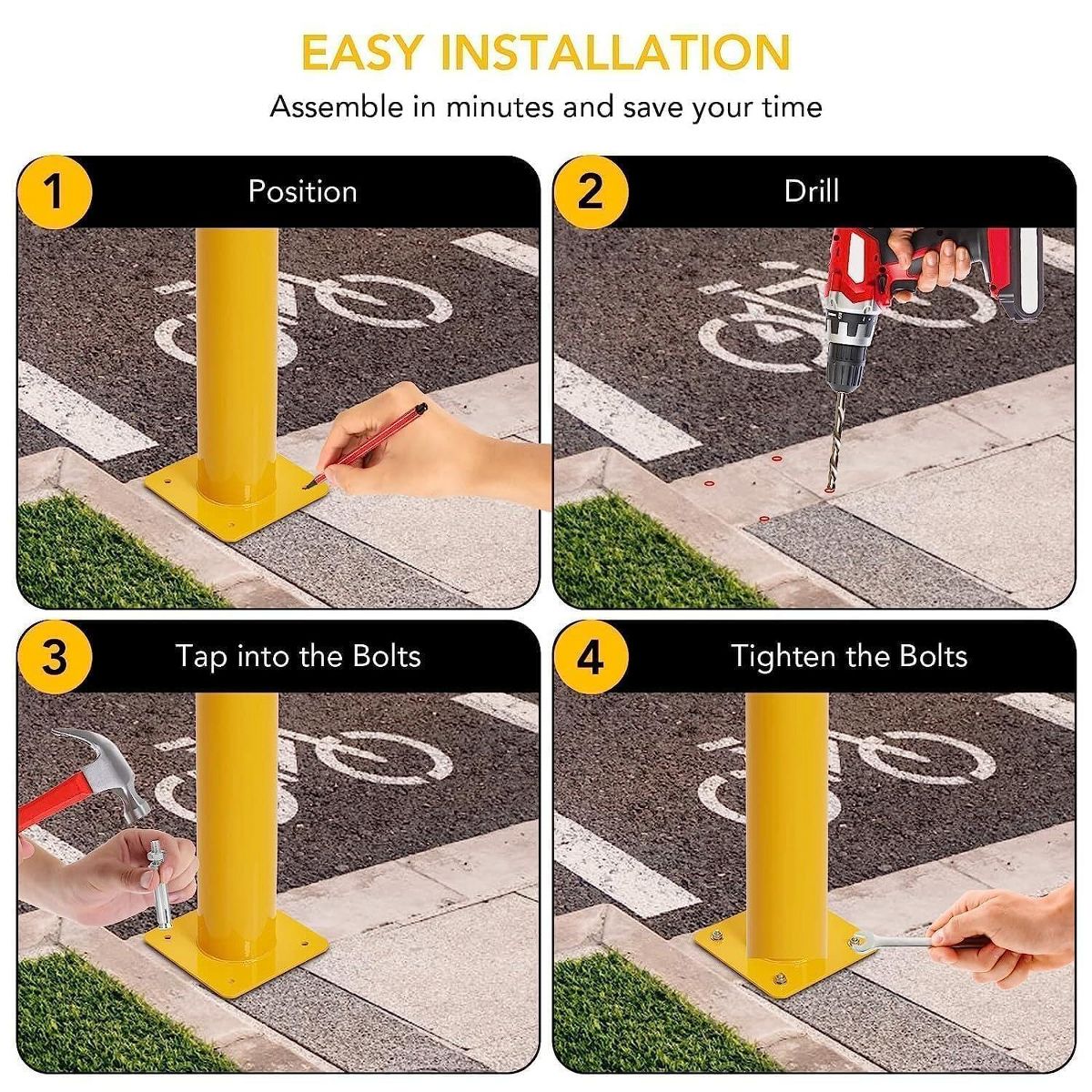Safety Bollard 36 Inch Steel Post 4 Pack, Heavy Duty Parking Barrier with Anchor Bolts for Driveway Traffic Control - thumbnail 3