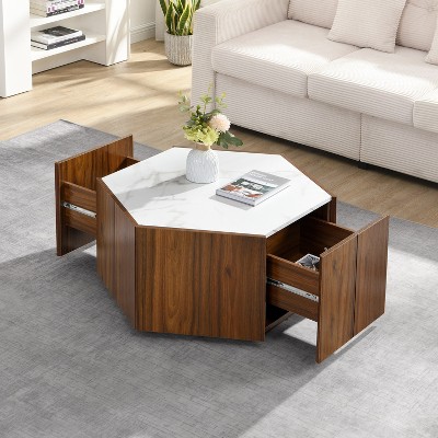 Vynxaria Rustic Retro Hexagonal Coffee Table 2 Hidden Drawers, Textured White Marble Tops, Walnut Oak Finish, for Living Room & Reception Areas