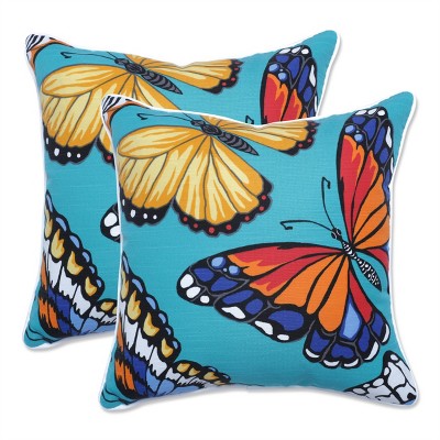 Pillow Perfect Set of 2 16.5" x 16.5" Butterfly Garden Outdoor/Indoor Throw Pillows Turquoise