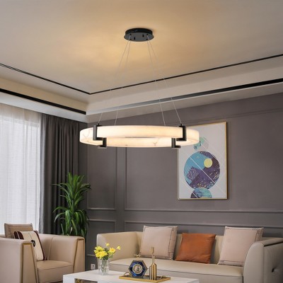 DOMETOUR Modern LED Pendant Light, 24-Inch Round, Adjustable Height, Marble Finish, Dimmable for Dining Room, Kitchen Island, Living Room