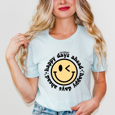 Simply Sage Market S.W.Smiley Happy Days Ahead Smiley Face Short Sleeve Tee - S - Ice Blue