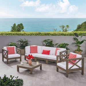 Brava 6pc Acacia Wood Sofa Chat Set - Gray/White - Christopher Knight Home - 1 of 4