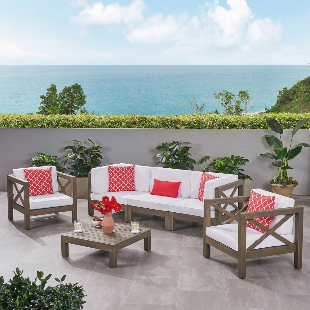 Brava 6pc Acacia Wood Sofa Chat Set Gray White Christopher Knight Home