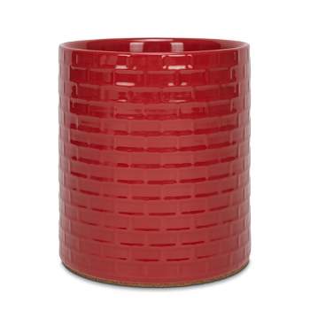 Elanze Designs Embossed Subway Tile Ceramic Stoneware Cork Bottom Kitchen Utensil Holder, Red