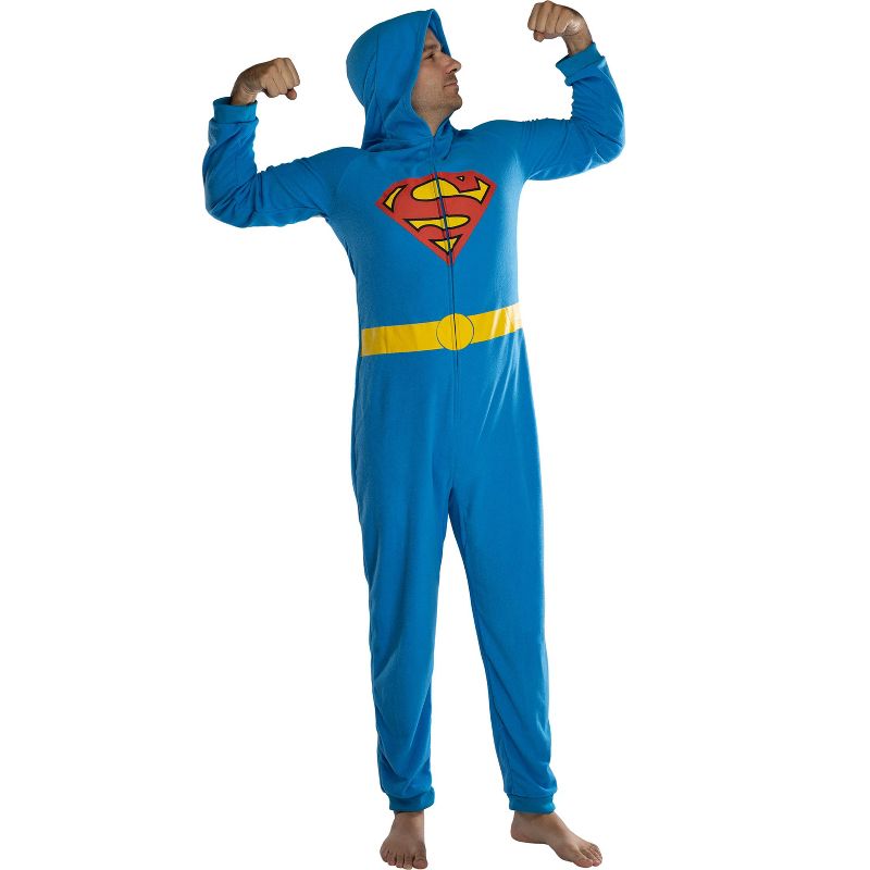 DC Comics Mens' Superhero Character Hooded Union Suit Footless Pajamas Costume, 1 of 4