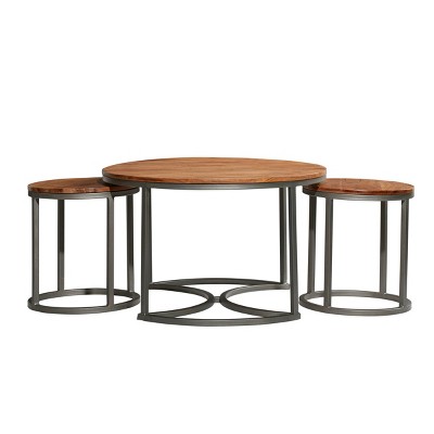 Contemporary Round Wood & Metal Nesting Coffee Table Set